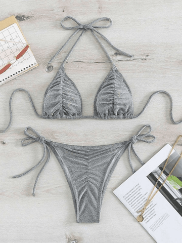 Ruched Lace Up Bikini Set