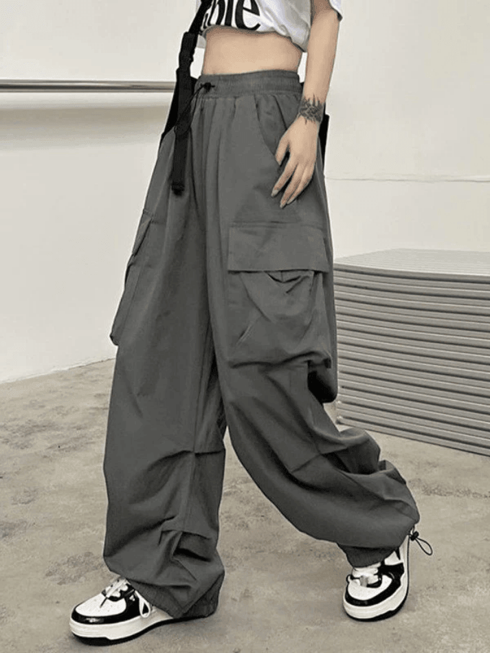 Casual Low Waist Drawstring Ruched Trim Baggy Cargo Pants - Green