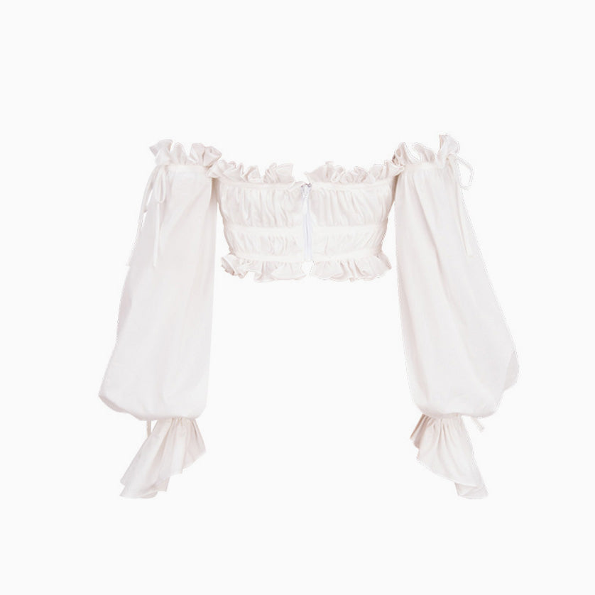 Adorable Ruffle Long Sleeve Ruched Off Shoulder Crop Top - White