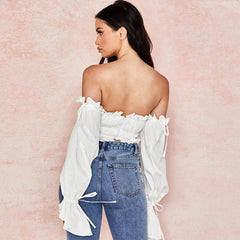 Adorable Ruffle Long Sleeve Ruched Off Shoulder Crop Top - White