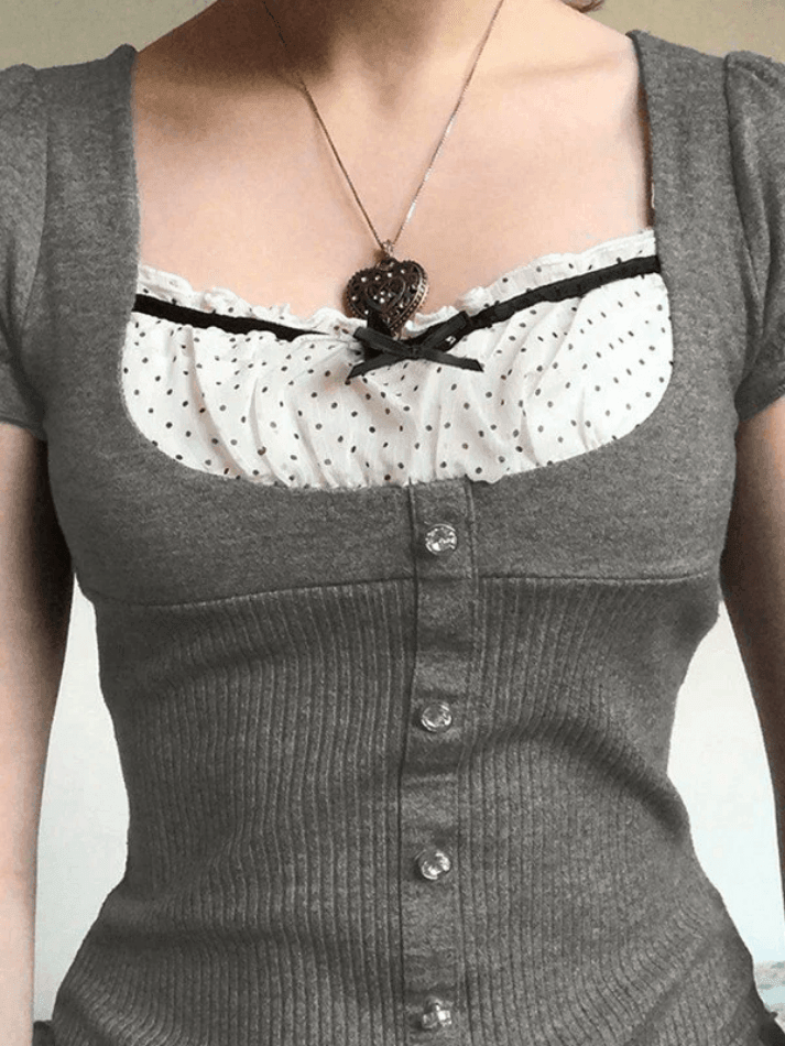 Ruffle Patchwork Buttoned Knit Top