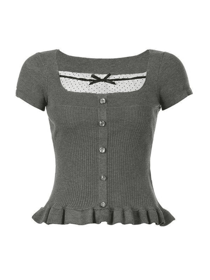 Ruffle Patchwork Buttoned Knit Top