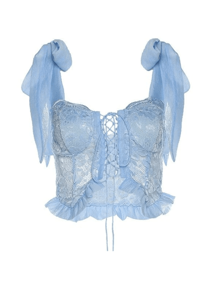 Ruffle Tie Strap Lace Corset Top