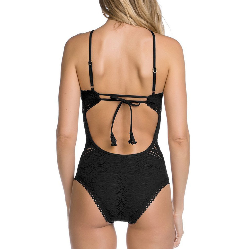 Scalloped Lace Low Back High Neck One Piece Swimsuit - Black