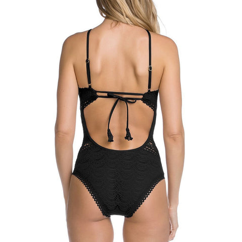 Scalloped Lace Low Back High Neck One Piece Swimsuit - Black