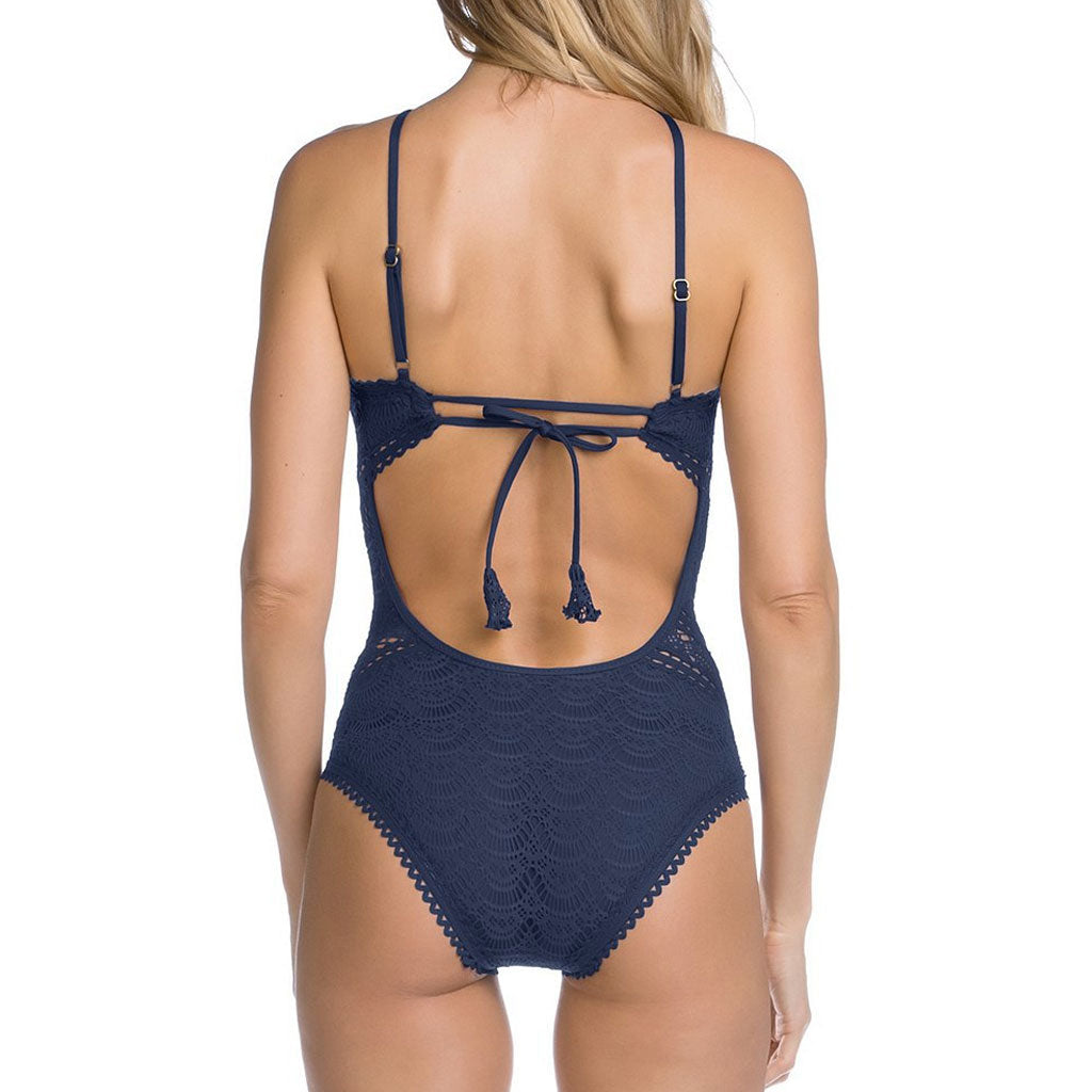 Scalloped Lace Low Back High Neck One Piece Swimsuit - Blue