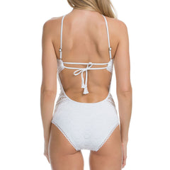 Scalloped Lace Low Back High Neck One Piece Swimsuit - White