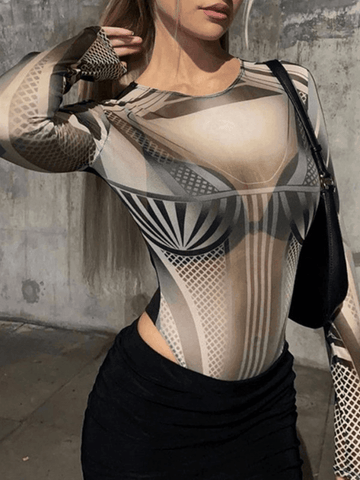 Semi Sheer Mesh Long Sleeve Bodysuit