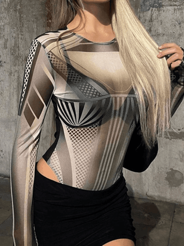 Semi Sheer Mesh Long Sleeve Bodysuit