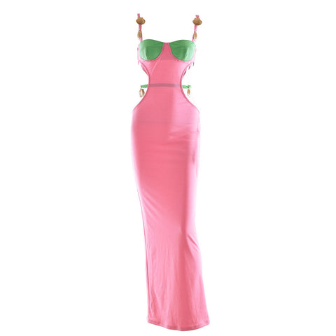 Vestido largo de fiesta con aberturas y sin mangas con conchas de colores contrastantes - Rosa
