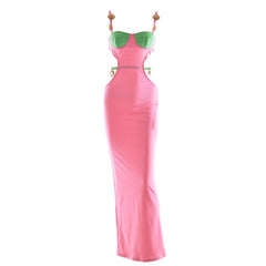 Contrast Color Shells Sleeveless Cutout Prom Maxi Dress - Pink