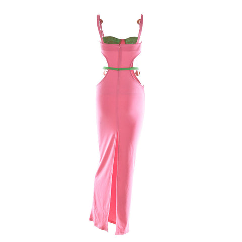 Vestido largo de fiesta con aberturas y sin mangas con conchas de colores contrastantes - Rosa