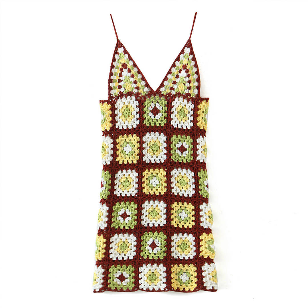 Crochet Knit Granny Square Patterns Slip Mini Dress - Burgundy