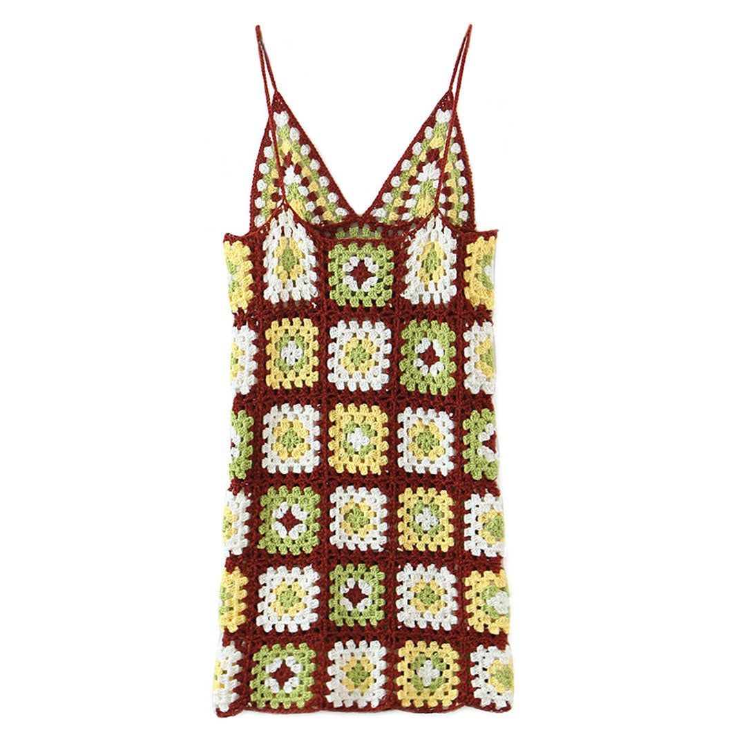 Crochet Knit Granny Square Patterns Slip Mini Dress - Burgundy