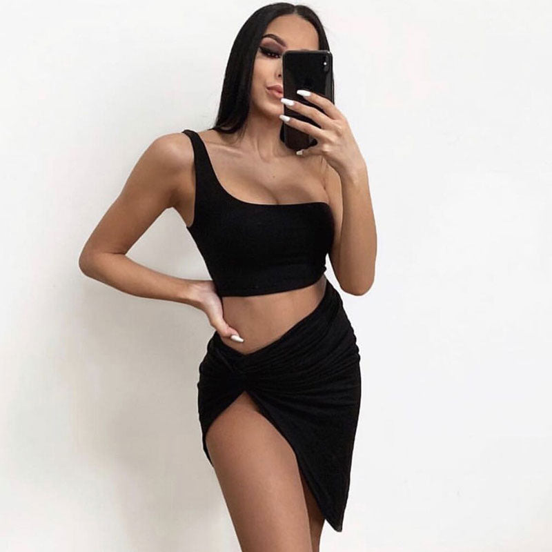Cropped One Shoulder High Slit Skirt Matching Set - Black