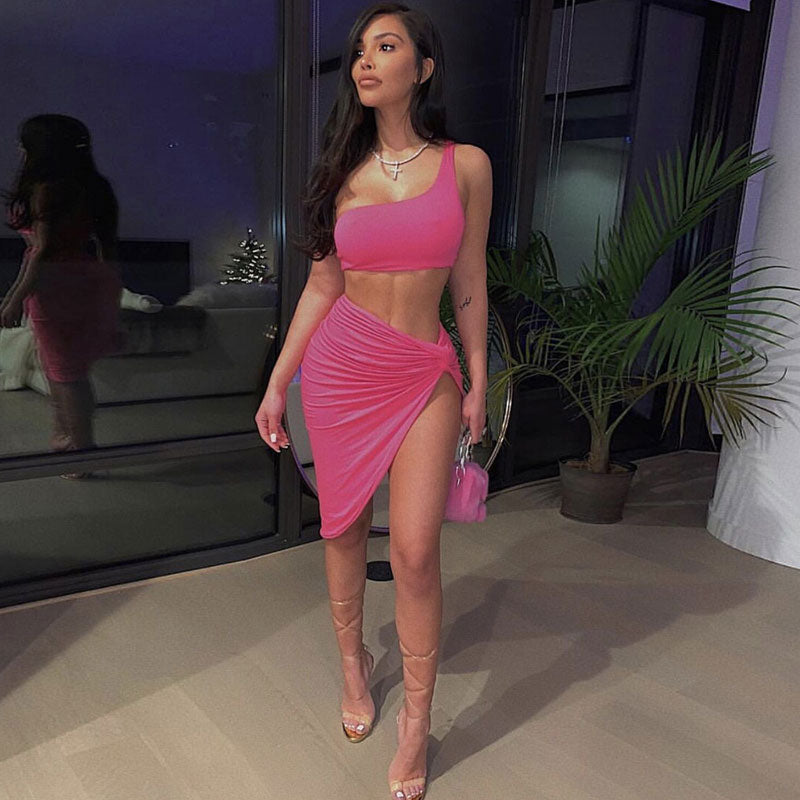 Cropped One Shoulder High Slit Skirt Matching Set - Pink
