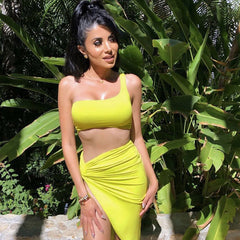 Cropped One Shoulder High Slit Skirt Matching Set - Yellow