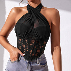 Crossed Halter Neck Lace Floral Mesh Cropped Corset Top - Black