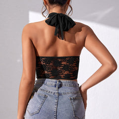Crossed Halter Neck Lace Floral Mesh Cropped Corset Top - Black