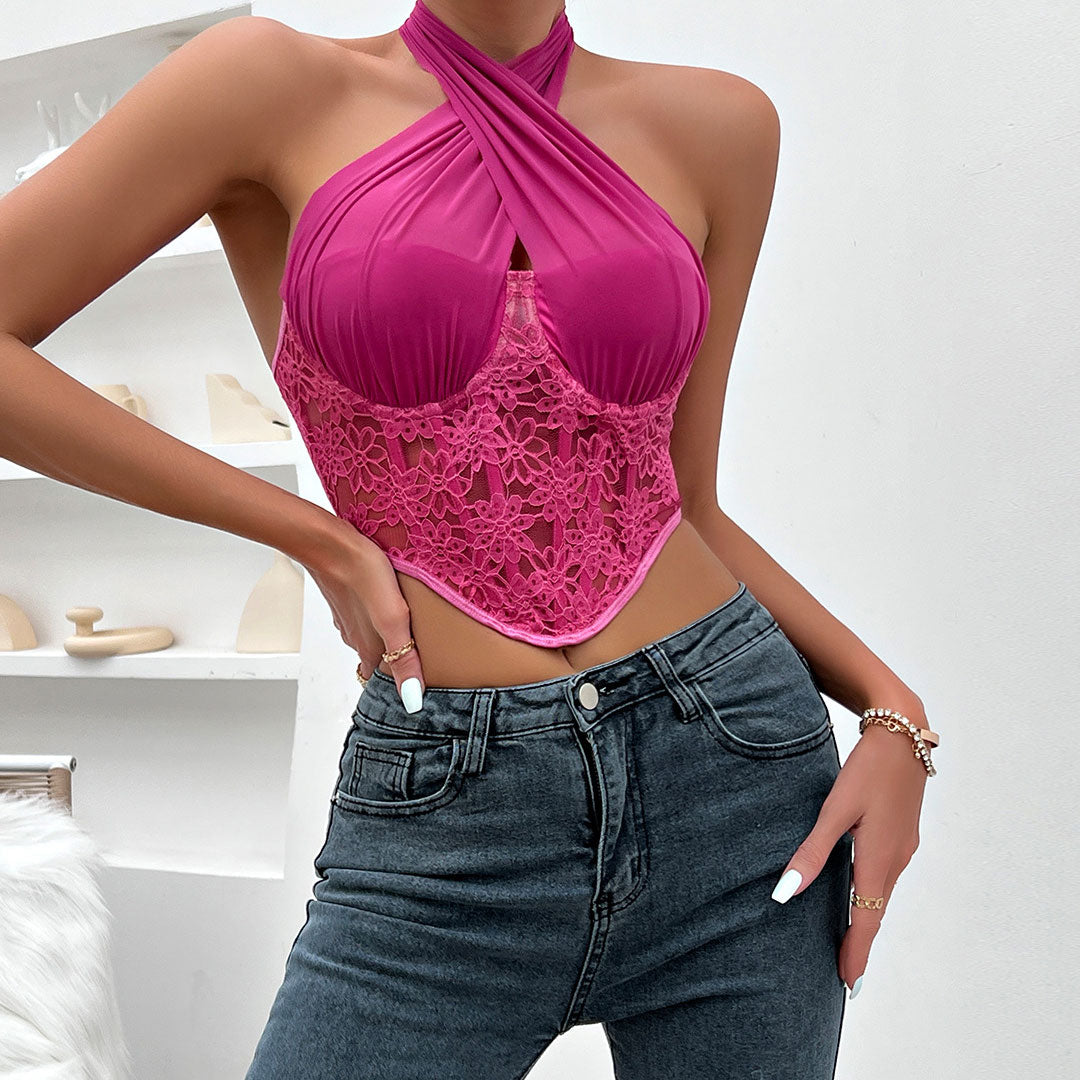 Crossed Halter Neck Lace Floral Mesh Cropped Corset Top - Rose