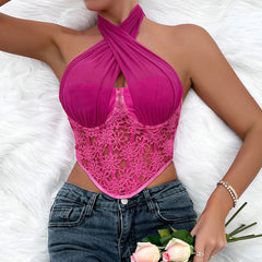 Crossed Halter Neck Lace Floral Mesh Cropped Corset Top - Rose