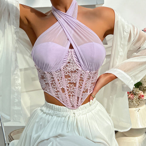 Top tipo corsé corto de malla floral con encaje y cuello halter cruzado - Violeta