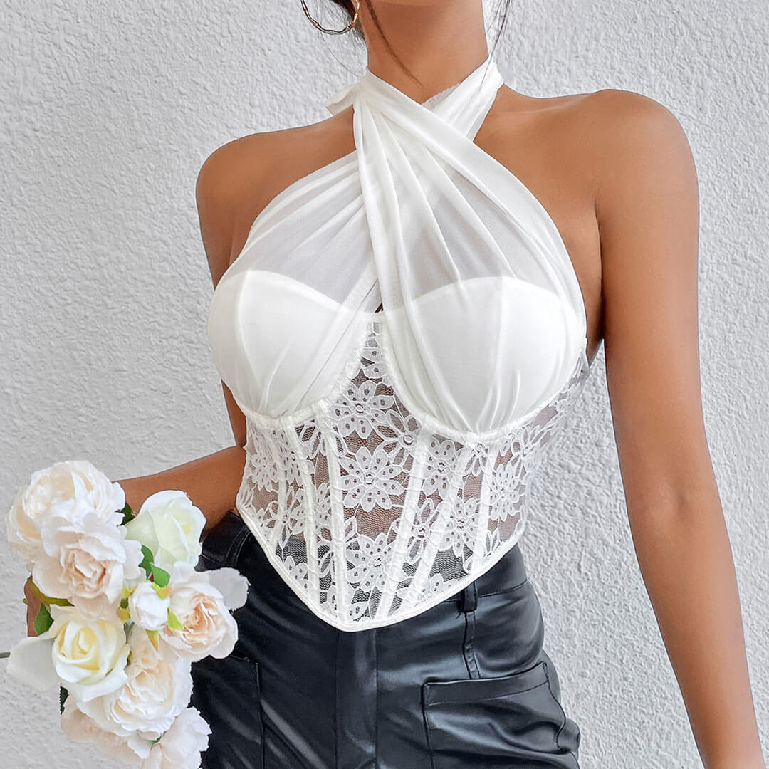 Crossed Halter Neck Lace Floral Mesh Cropped Corset Top - White