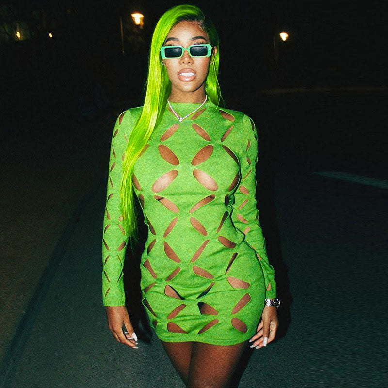 Cut Out Crew Neck Long Sleeve Bodycon Party Mini Dress - Green