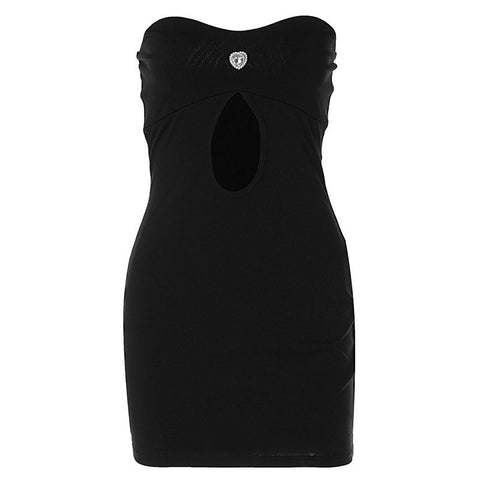 Cut Out Crystal Trim Sweetheart Neck Strapless Bodycon Mini Dress - Black