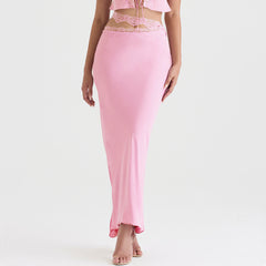 Cutout High Waist Side Zipper Satin Lace Trim Maxi Skirt - Pink