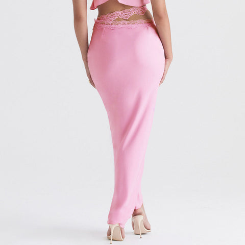 Cutout High Waist Side Zipper Satin Lace Trim Maxi Skirt - Pink