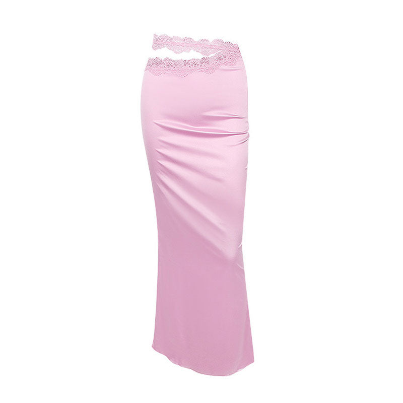 Cutout High Waist Side Zipper Satin Lace Trim Maxi Skirt - Pink