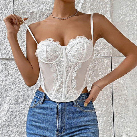 Bustier de encaje con pestañas y aros, corsé de malla transparente, top blanco