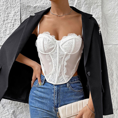 Bustier de encaje con pestañas y aros, corsé de malla transparente, top blanco