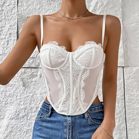 Bustier de encaje con pestañas y aros, corsé de malla transparente, top blanco