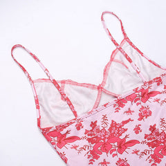 Flower Print Lace Trim Spaghetti Strap Bodycon Midi Dress - Pink