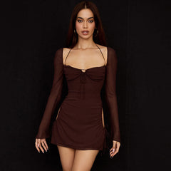 Halter Tie Strap Ruched Cut Out Club Mini Dress - Chocolate