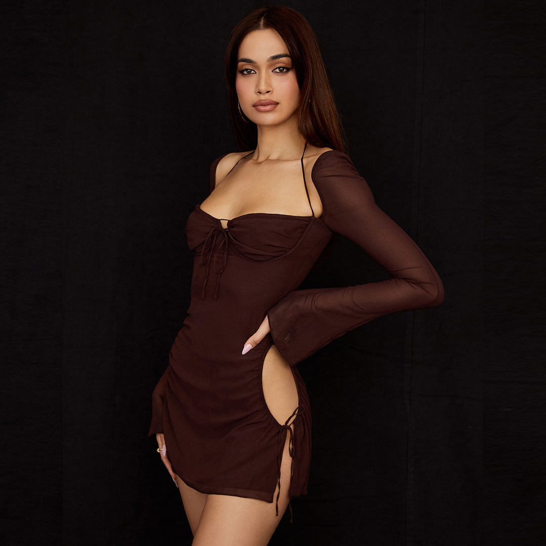 Halter Tie Strap Ruched Cut Out Club Mini Dress - Chocolate