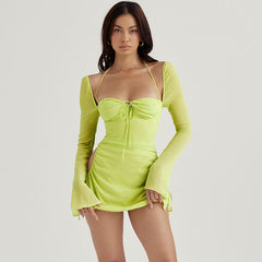 Halter Tie Strap Ruched Cut Out Club Mini Dress - Green