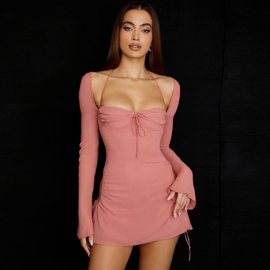 Halter Tie Strap Ruched Cut Out Club Mini Dress - Pink