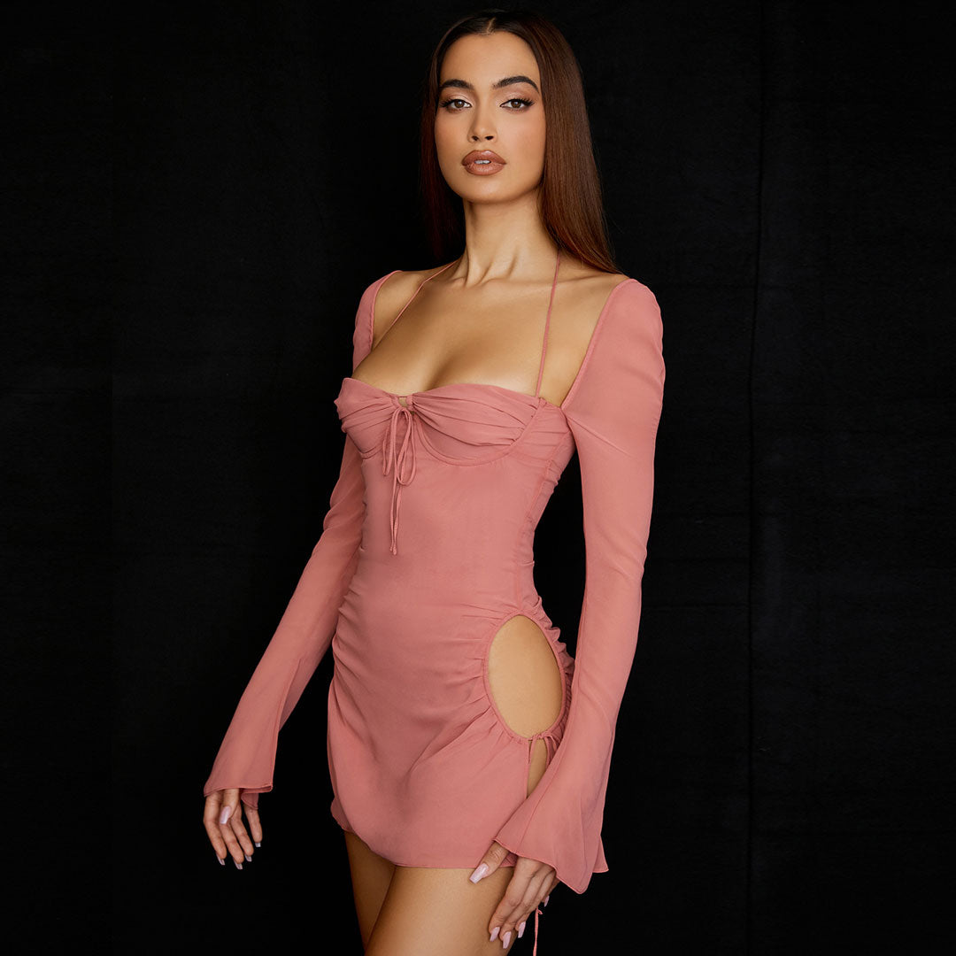 Halter Tie Strap Ruched Cut Out Club Mini Dress - Pink