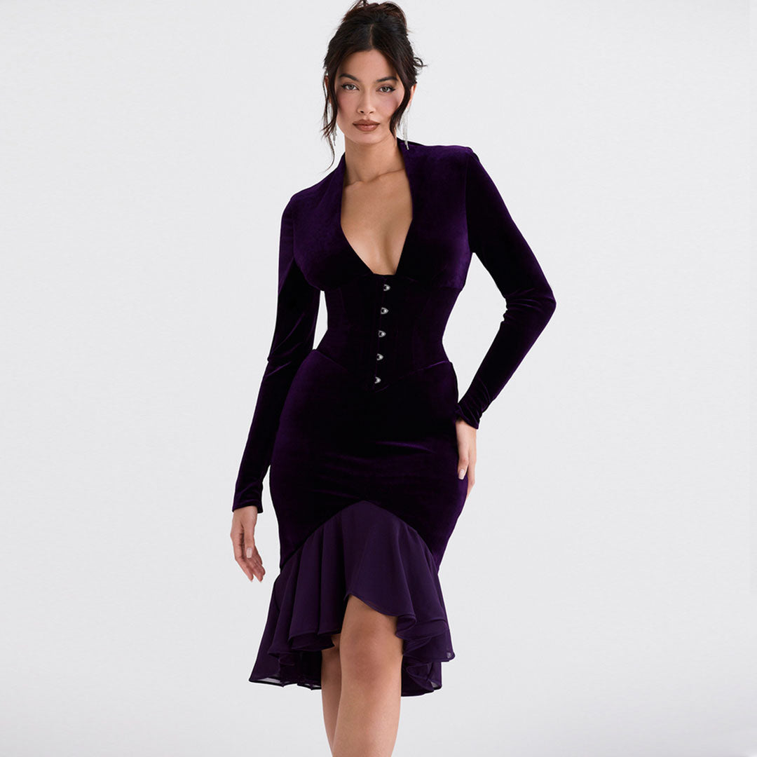 High Low Mesh Panel Ruffle Hem Long Sleeve Velvet Mini Dress - Purple