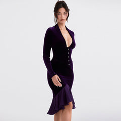 High Low Mesh Panel Ruffle Hem Long Sleeve Velvet Mini Dress - Purple