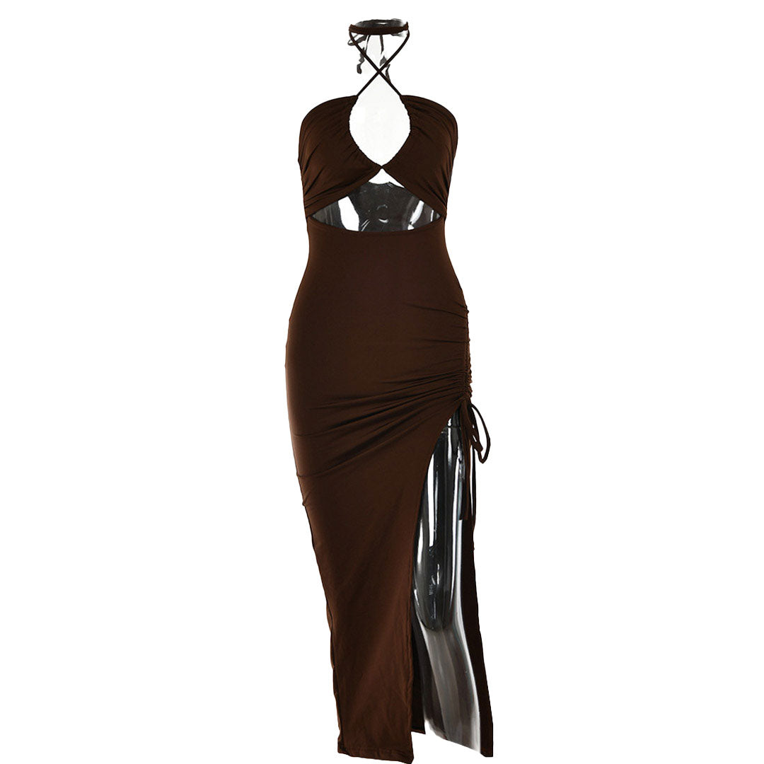 High Split Cross Front Cutout Ruched Halter Party Maxi Derss - Brown