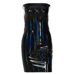 Latex Solid Color Strapless Bodycon Party Mini Dress - Black