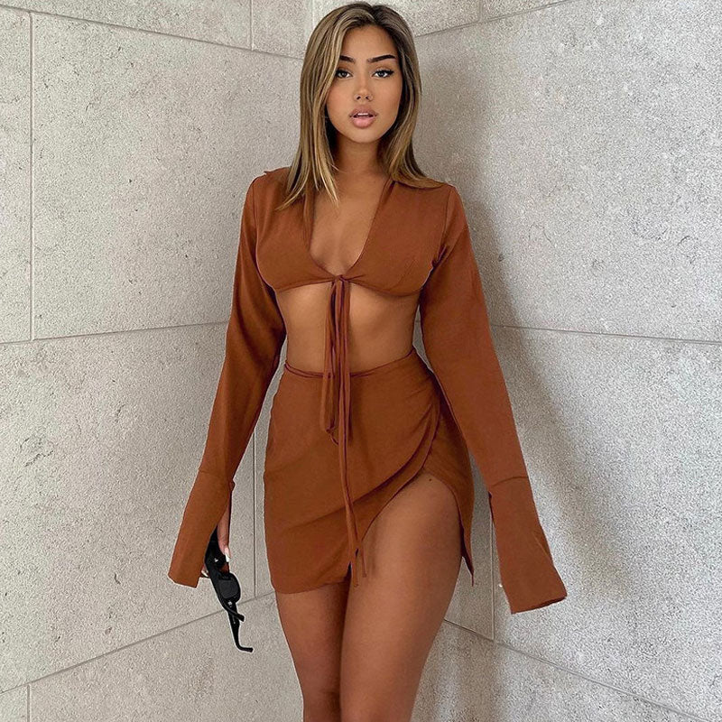 Long Sleeve Crop Blouse Skirt Matching Set - Chocolate