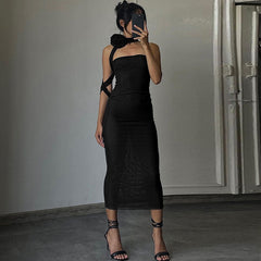 3D Floral Choker Detail Strapless Bodycon Party Midi Dress - Black