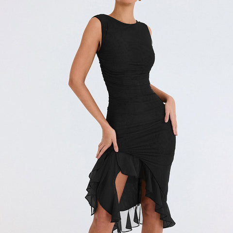 Ruched Crew Neck Sleeveless Bodycon Ruffle Cocktail Midi Dress - Black