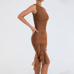 Ruched Crew Neck Sleeveless Bodycon Ruffle Cocktail Midi Dress - Brown