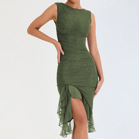 Ruched Crew Neck Sleeveless Bodycon Ruffle Cocktail Midi Dress - Army Green